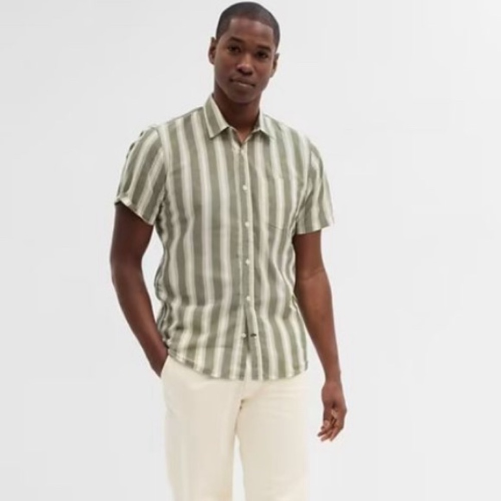 Gap Men's Slim Fit Stretch Soft Poplin Shirt Size Large Olive Bar Stripe